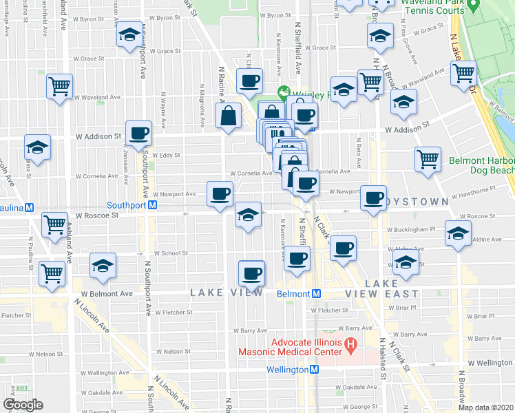 map of restaurants, bars, coffee shops, grocery stores, and more near 1108 West Newport Avenue in Chicago