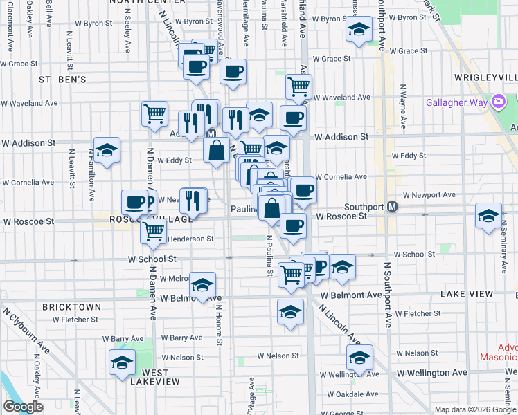 map of restaurants, bars, coffee shops, grocery stores, and more near 3441 North Lincoln Avenue in Chicago