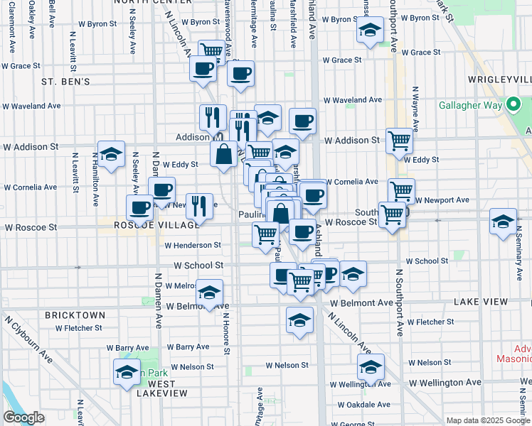 map of restaurants, bars, coffee shops, grocery stores, and more near 3441 North Lincoln Avenue in Chicago