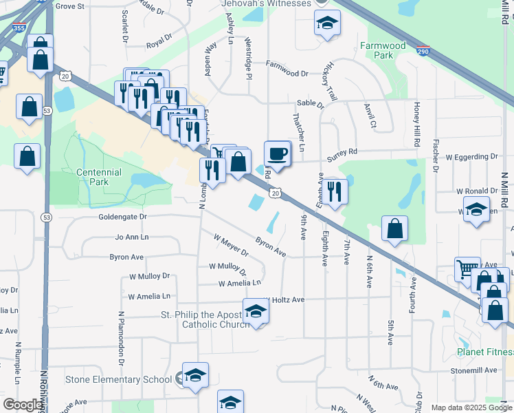 map of restaurants, bars, coffee shops, grocery stores, and more near 1291 West Lake Street in Addison