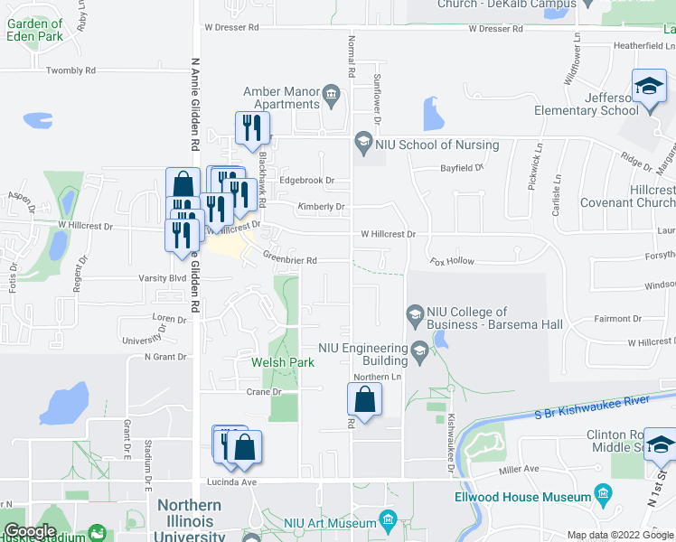 map of restaurants, bars, coffee shops, grocery stores, and more near 817 Greenbrier Road in DeKalb