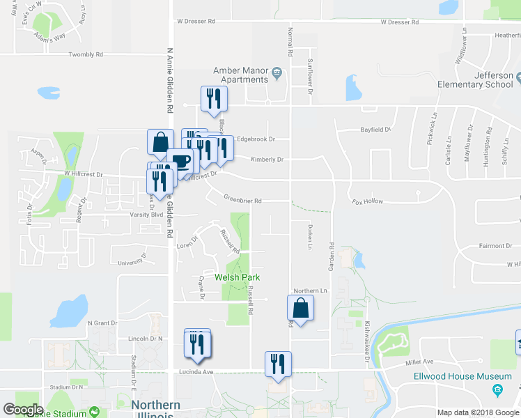 map of restaurants, bars, coffee shops, grocery stores, and more near 817 Greenbrier Road in DeKalb