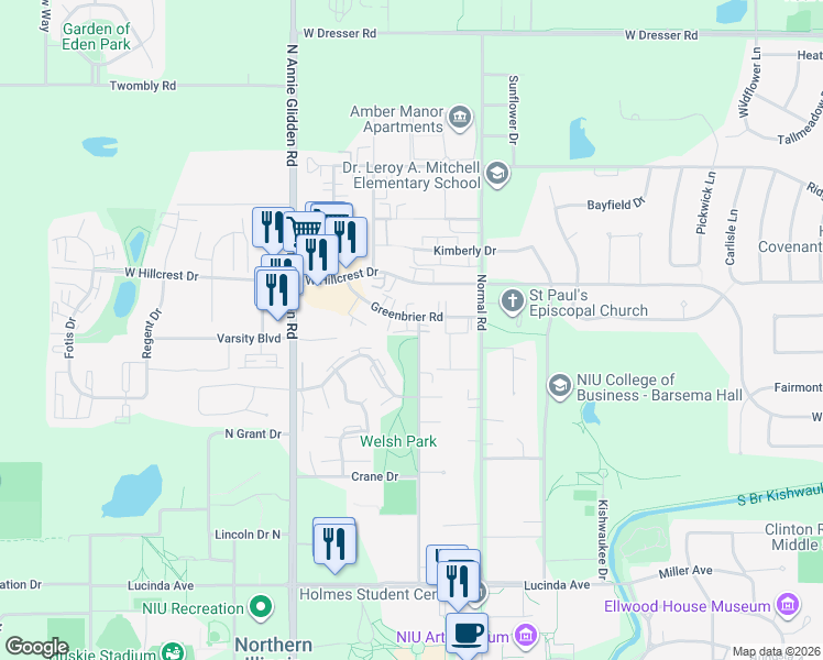 map of restaurants, bars, coffee shops, grocery stores, and more near 901 Greenbrier Road in DeKalb