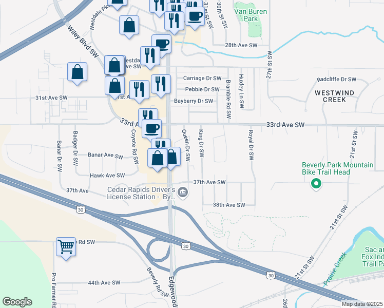 map of restaurants, bars, coffee shops, grocery stores, and more near 3409 Queen Drive Southwest in Cedar Rapids