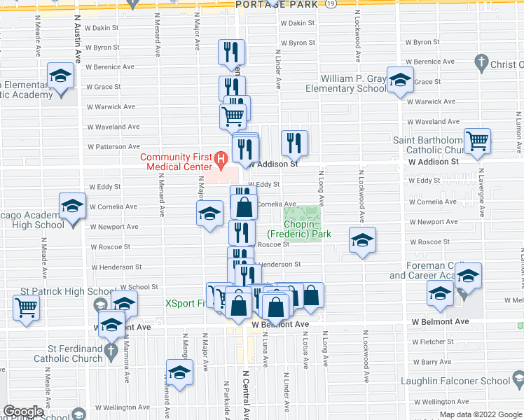 map of restaurants, bars, coffee shops, grocery stores, and more near 5516 West Cornelia Avenue in Chicago