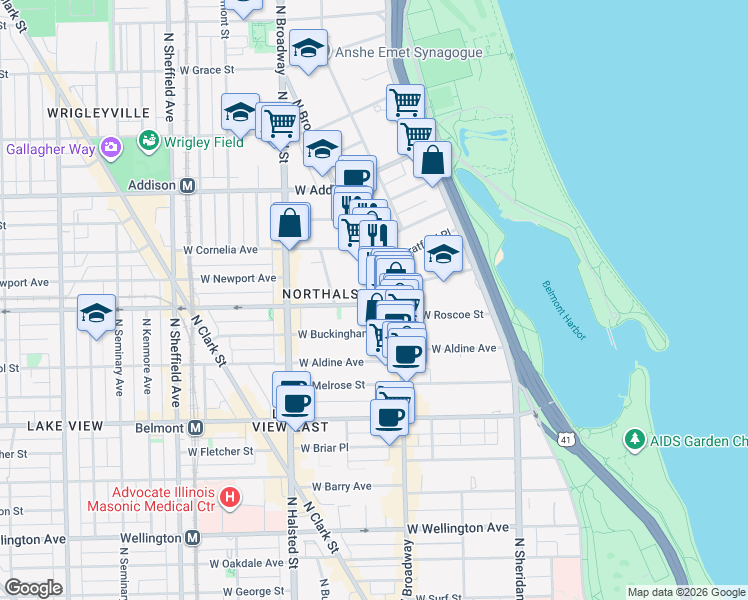 map of restaurants, bars, coffee shops, grocery stores, and more near 588 West Hawthorne Place in Chicago