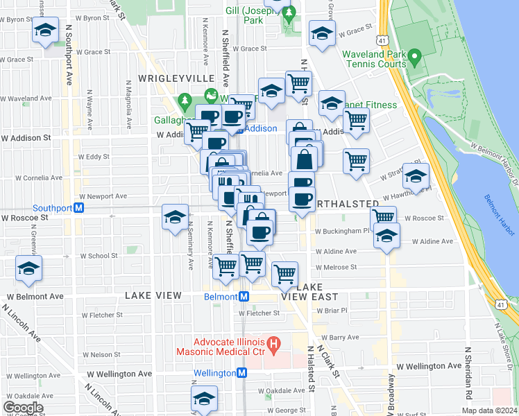 map of restaurants, bars, coffee shops, grocery stores, and more near 914 West Newport Avenue in Chicago