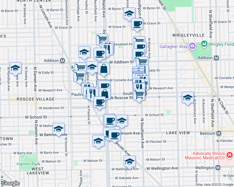 map of restaurants, bars, coffee shops, grocery stores, and more near 3415 North Bosworth Avenue in Chicago