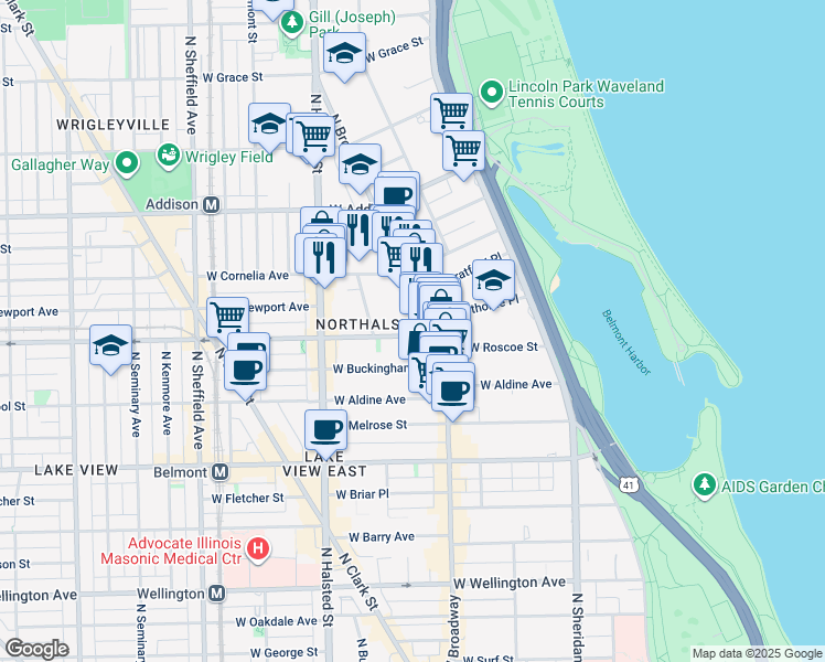 map of restaurants, bars, coffee shops, grocery stores, and more near 628 West Roscoe Street in Chicago