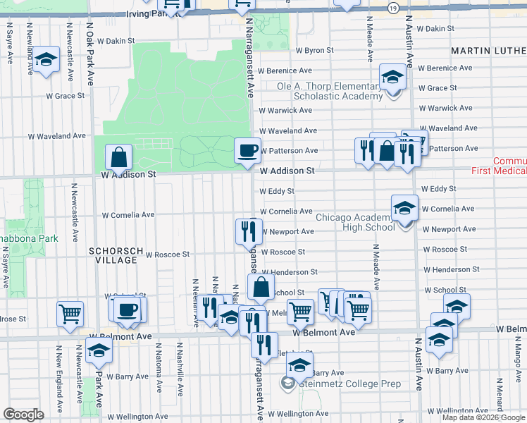 map of restaurants, bars, coffee shops, grocery stores, and more near 6385 West Cornelia Avenue in Chicago