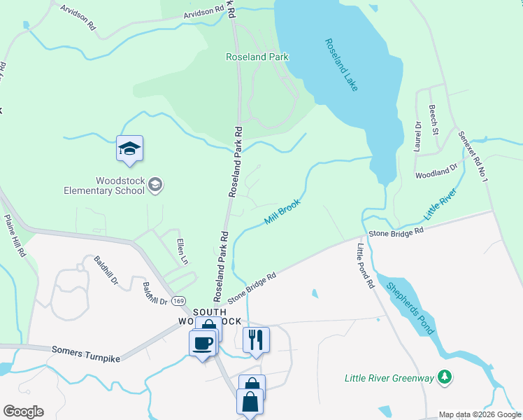 map of restaurants, bars, coffee shops, grocery stores, and more near 10 Cornfield Point in Woodstock