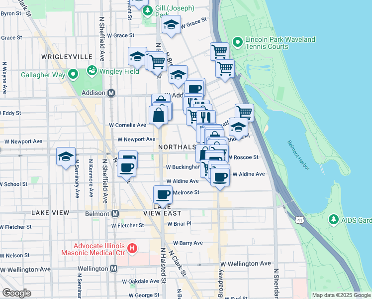 map of restaurants, bars, coffee shops, grocery stores, and more near 3407 North Elaine Place in Chicago