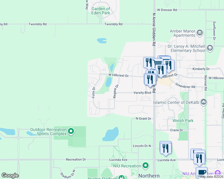 map of restaurants, bars, coffee shops, grocery stores, and more near 871 Regent Drive in DeKalb