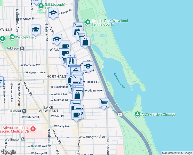 map of restaurants, bars, coffee shops, grocery stores, and more near 3420 North Lake Shore Drive in Chicago