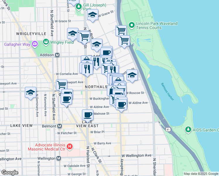 map of restaurants, bars, coffee shops, grocery stores, and more near 3421 North Elaine Place in Chicago