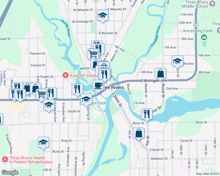 map of restaurants, bars, coffee shops, grocery stores, and more near 116 South Main Street in Three Rivers