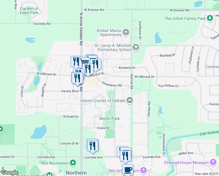 map of restaurants, bars, coffee shops, grocery stores, and more near 901 Greenbrier Road in DeKalb
