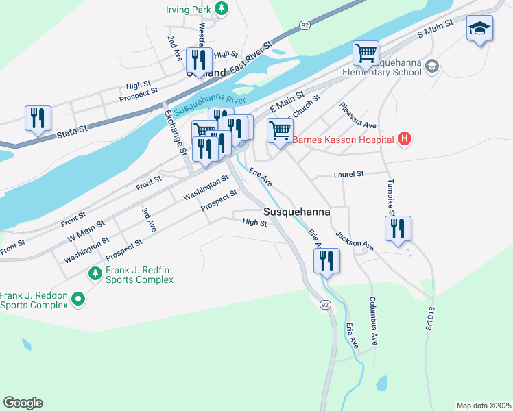 map of restaurants, bars, coffee shops, grocery stores, and more near 329 Franklin Avenue in Susquehanna