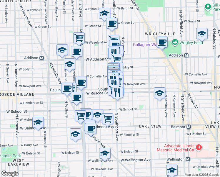 map of restaurants, bars, coffee shops, grocery stores, and more near 3417 North Janssen Avenue in Chicago