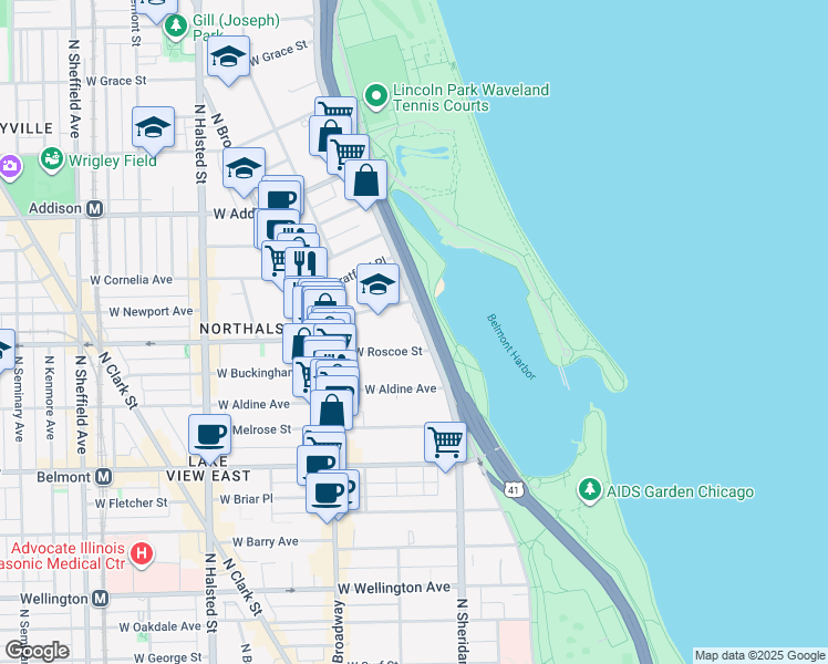 map of restaurants, bars, coffee shops, grocery stores, and more near 523 West Hawthorne Place in Chicago