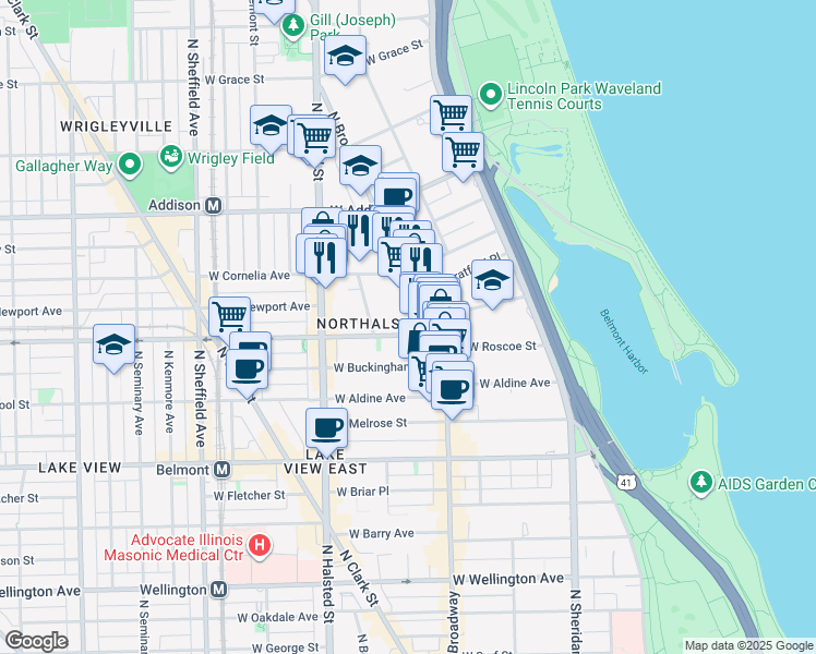 map of restaurants, bars, coffee shops, grocery stores, and more near 3421 North Elaine Place in Chicago