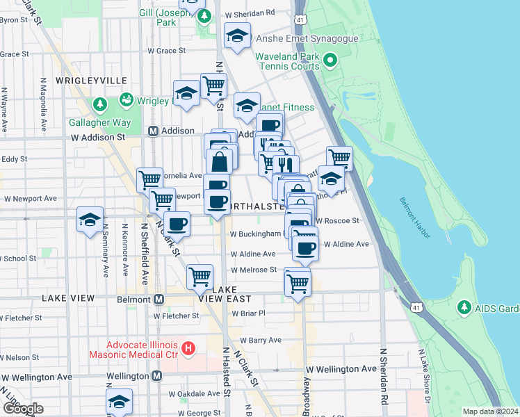 map of restaurants, bars, coffee shops, grocery stores, and more near 3421 North Elaine Place in Chicago