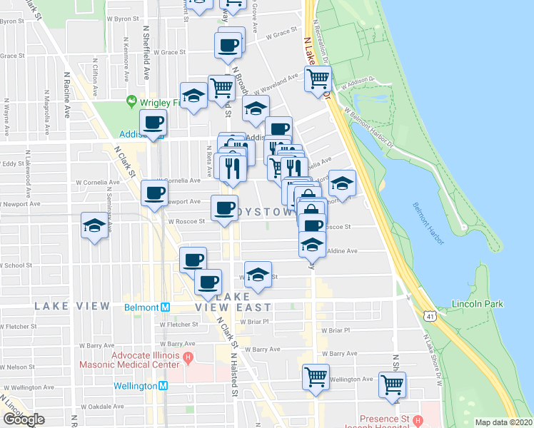 map of restaurants, bars, coffee shops, grocery stores, and more near 3421 North Elaine Place in Chicago