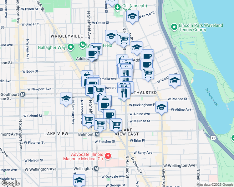 map of restaurants, bars, coffee shops, grocery stores, and more near 839 West Newport Avenue in Chicago