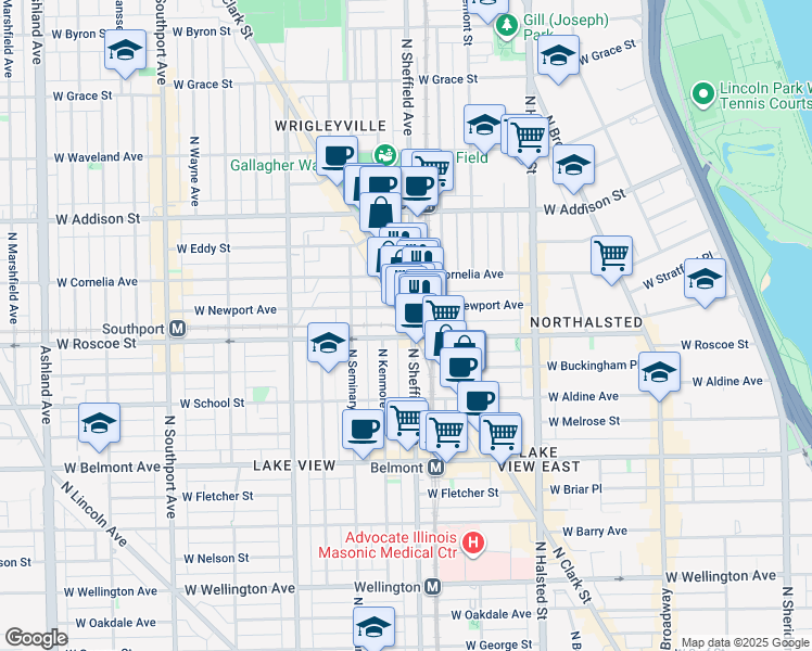 map of restaurants, bars, coffee shops, grocery stores, and more near 3433 North Sheffield Avenue in Chicago