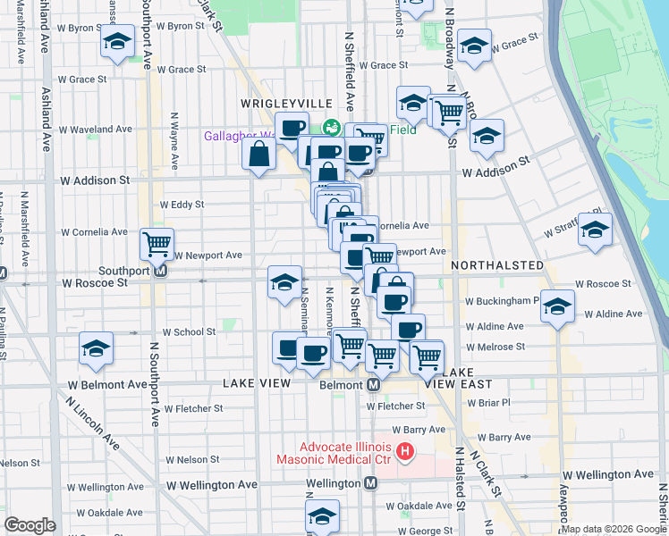 map of restaurants, bars, coffee shops, grocery stores, and more near 1030 West Newport Avenue in Chicago