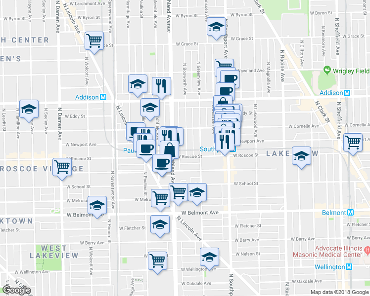 map of restaurants, bars, coffee shops, grocery stores, and more near 3438 North Bosworth Avenue in Chicago