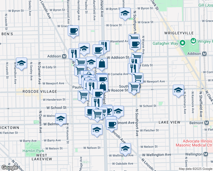 map of restaurants, bars, coffee shops, grocery stores, and more near 3438 North Ashland Avenue in Chicago