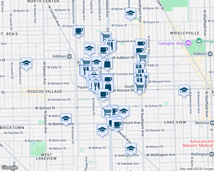 map of restaurants, bars, coffee shops, grocery stores, and more near 3418 North Ashland Avenue in Chicago
