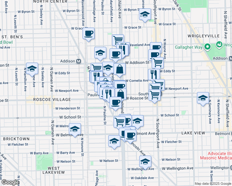 map of restaurants, bars, coffee shops, grocery stores, and more near 3438 North Ashland Avenue in Chicago