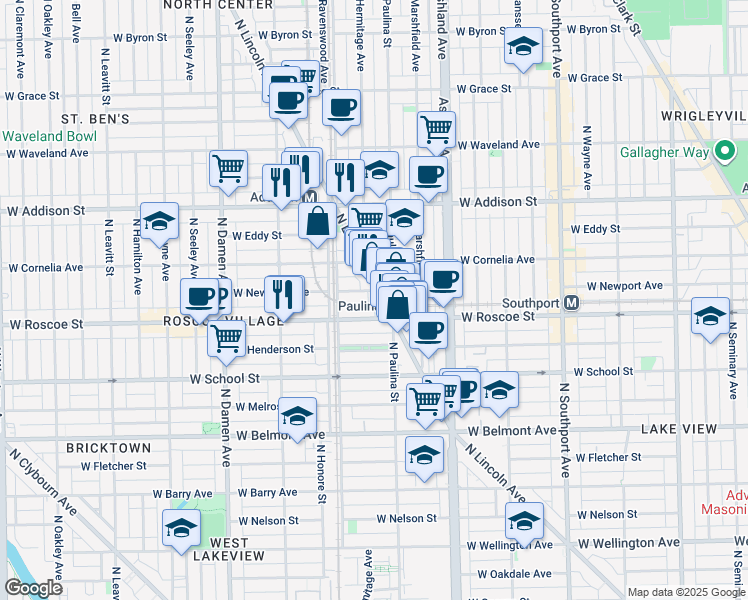 map of restaurants, bars, coffee shops, grocery stores, and more near 3441 North Lincoln Avenue in Chicago