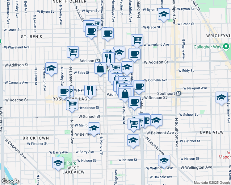 map of restaurants, bars, coffee shops, grocery stores, and more near 3441 North Lincoln Avenue in Chicago