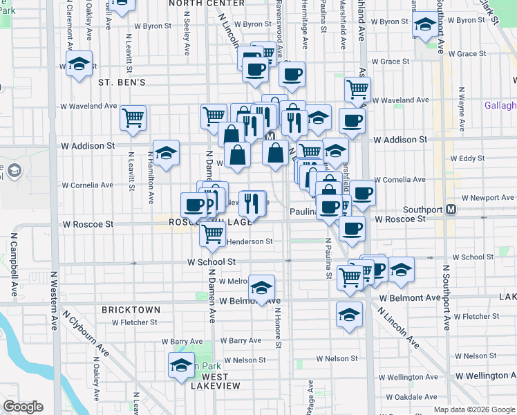 map of restaurants, bars, coffee shops, grocery stores, and more near 1828 West Newport Avenue in Chicago