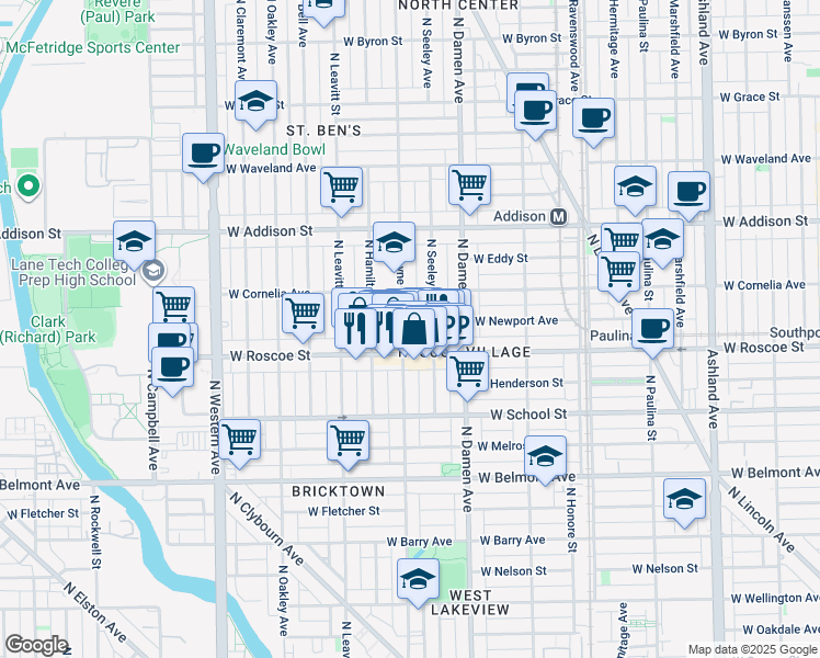 map of restaurants, bars, coffee shops, grocery stores, and more near 3442 North Hoyne Avenue in Chicago