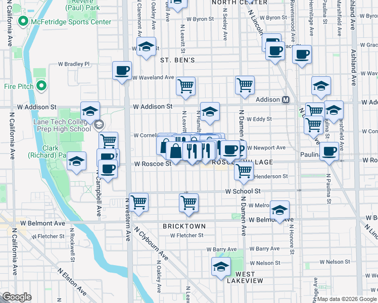 map of restaurants, bars, coffee shops, grocery stores, and more near 3444 North Hamilton Avenue in Chicago