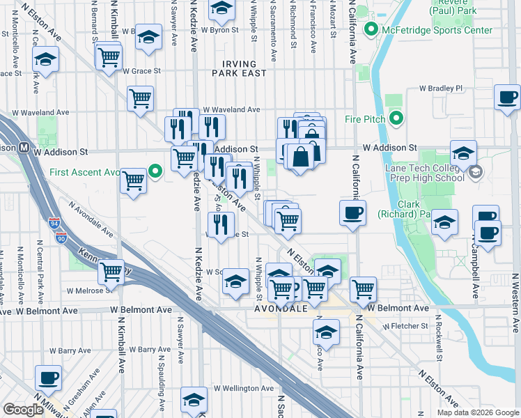 map of restaurants, bars, coffee shops, grocery stores, and more near 3015 West Cornelia Avenue in Chicago