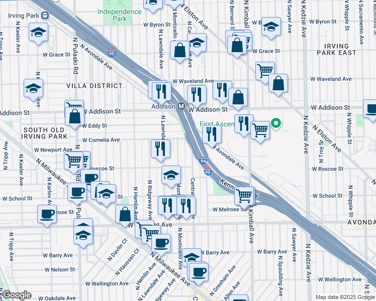 map of restaurants, bars, coffee shops, grocery stores, and more near 3455 North Monticello Avenue in Chicago
