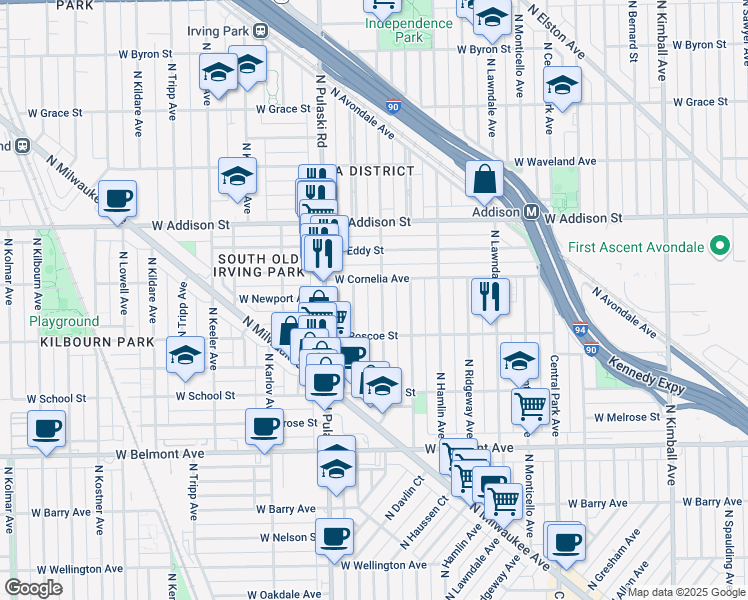 map of restaurants, bars, coffee shops, grocery stores, and more near 3457 North Springfield Avenue in Chicago