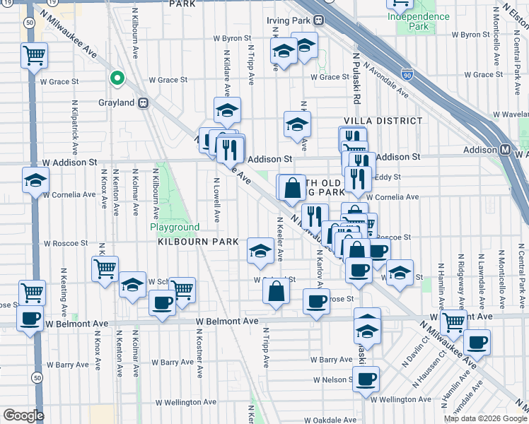 map of restaurants, bars, coffee shops, grocery stores, and more near 3460 North Tripp Avenue in Chicago