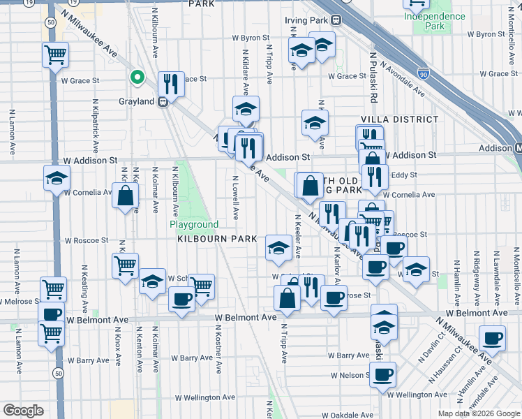 map of restaurants, bars, coffee shops, grocery stores, and more near 4308 West Cornelia Avenue in Chicago