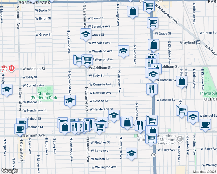 map of restaurants, bars, coffee shops, grocery stores, and more near 5022 West Cornelia Avenue in Chicago