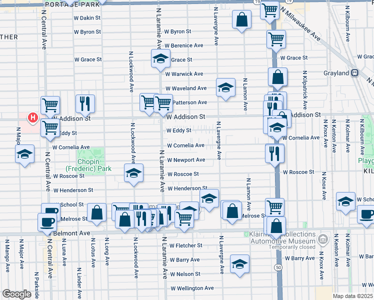 map of restaurants, bars, coffee shops, grocery stores, and more near 5062 West Cornelia Avenue in Chicago