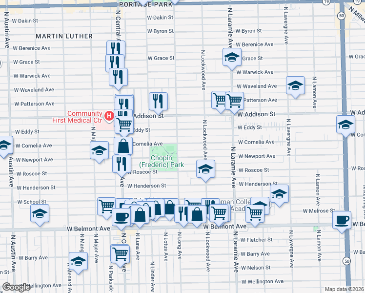 map of restaurants, bars, coffee shops, grocery stores, and more near 3510 North Long Avenue in Chicago