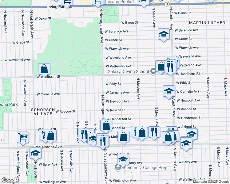 map of restaurants, bars, coffee shops, grocery stores, and more near 6317 West Eddy Street in Chicago