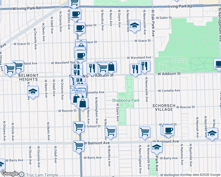 map of restaurants, bars, coffee shops, grocery stores, and more near 3536 North Nora Avenue in Chicago