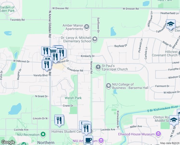map of restaurants, bars, coffee shops, grocery stores, and more near 910 Normal Road in DeKalb